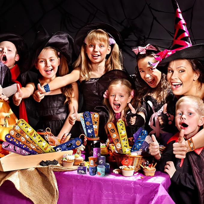 FOIMAS 48pcs Halloween Slap Bracelets,Halloween Snap Bracelet Pumpkin Witch Wristband for Kids Halloween Trick or Treat Bag Filler Party Favor Supply