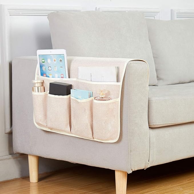 FLYILY Sofa Armrest Organizer Non-Slip Arm Chair Hanging Caddy Remote Control Holder for Magazine, Phone, Books, Glasses(Beige,19in)