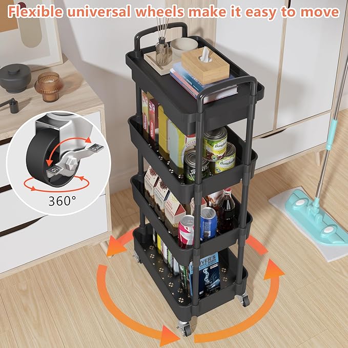 Calmootey 4-Tier Rolling Utility Cart with Drawer,Multifunctional Storage Organizer with Plastic Shelf & Metal Wheel,Storage Cart for Kitchen,Bathroom,Living Room,Office,Black