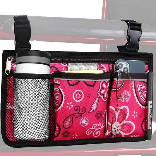 Wheelchair Side Bag, Upgrade Flower Color Wheelchair Armrest Storage Pouch with Cup Holder and Reflective Strip, Made with Waterproof Fabric, for Most Wheelchairs, Walkers and Rollators (Red Floral)