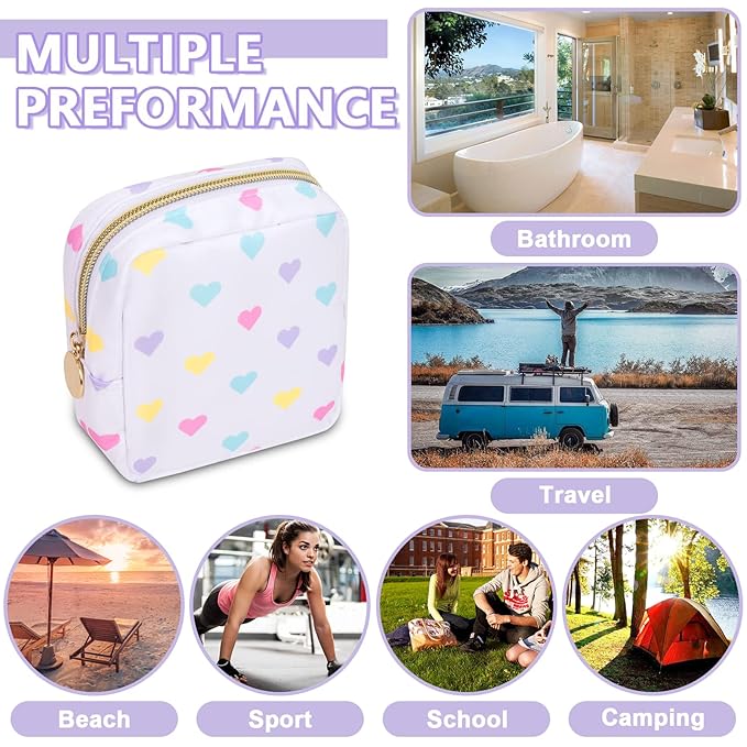 UIXIZQ Mini Makeup Pouch for Purse, Nylon Travel Toiletry Organizers Small Cosmetic Bag for Women Girl, Checkered Cute Zipper Coin Purse Preppy Storage Bag for School Work(Mini-White Heart)