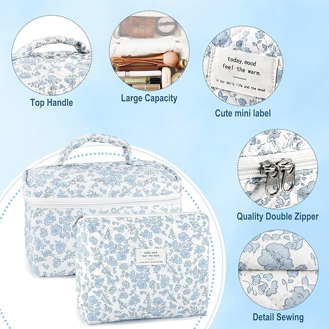 URSKYTOUS 2Pcs Cotton Quilted Makeup Bag for Women Extra Large Small Travel Cosmetic Bag Set Cute Blue Floral Print Makeup Pouch Portable Toiletry Bag Organizer Coquette Vintage Puffy Travel Essential