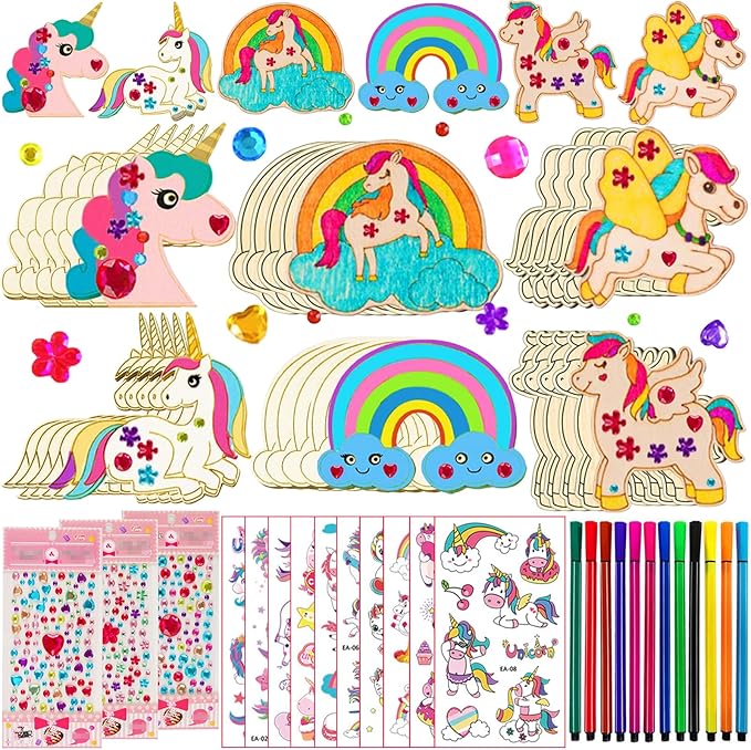 398 Pcs Unicorn Crafts, Wooden Painting Crafts for Kids, Wooden Crafts With 30 Wooden Blocks 354 Rhinestones 12 Color Pens 2 Stickers, Kids Crafts, DIY Crafts and Birthday Party Gifts for Kids