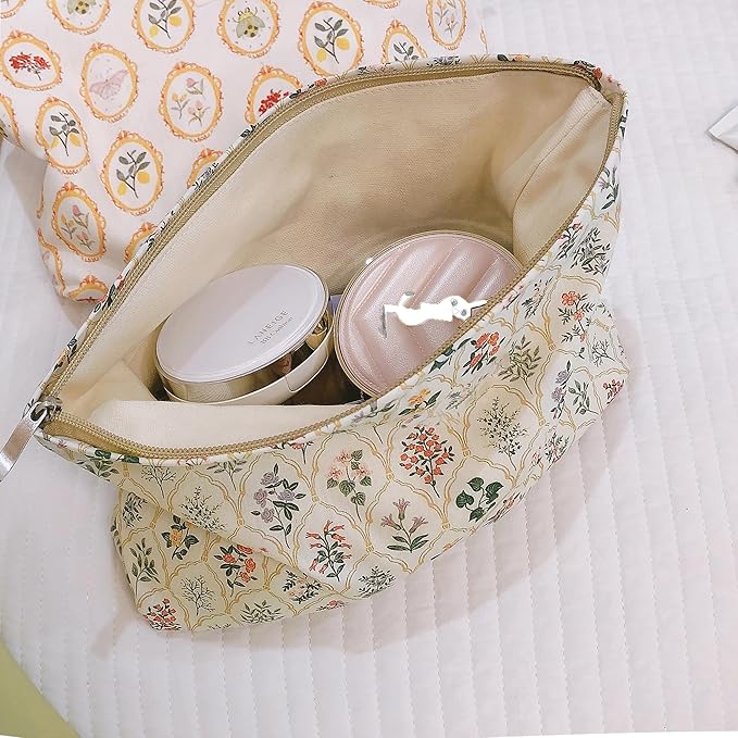 HAPPYHEIDI Large Floral Cotton Makeup Bag Cosmetic Travel Pouch, Make Up Purse Organizer, Canvas Lined Cute Grid Flower Show