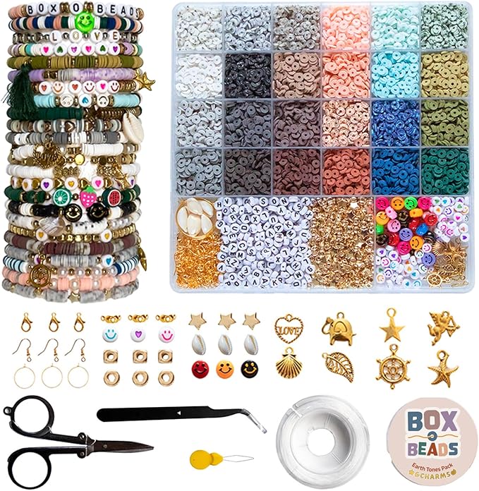 Felix LeChef Clay Bead Bracelet Making Kit for Girls Ages 10-12, 6000 Pcs Jewelry Craft Set, Neutral Earth Tones Flat Clay Heishi Bead kit and Charms for Jewelry Making, Preppy Friendship Bracelets