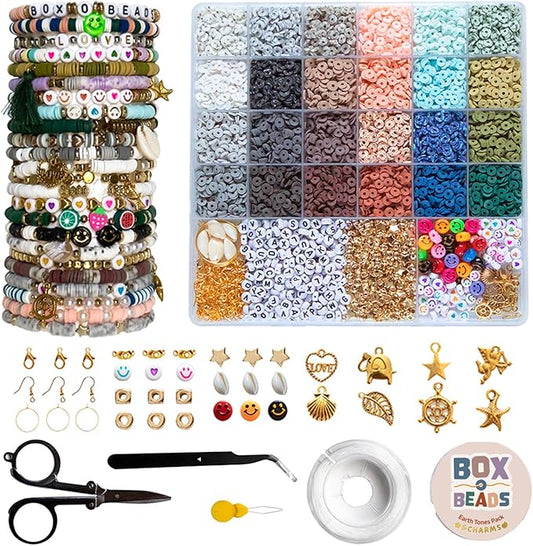 Felix LeChef Clay Bead Bracelet Making Kit for Girls Ages 10-12, 6000 Pcs Jewelry Craft Set, Neutral Earth Tones Flat Clay Heishi Bead kit and Charms for Jewelry Making, Preppy Friendship Bracelets