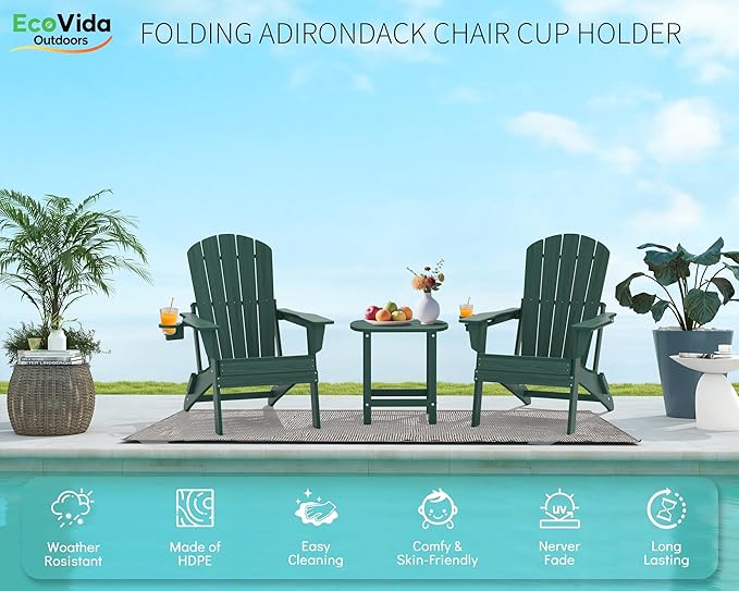 3-Piece Folding Adirondack Chair Set - 38" Extra Tall Back & Embossed Wood Grain, Oversized HDPE Patio Furniture with Side Table & Cup Holders, 380lb Heavy Duty, Green