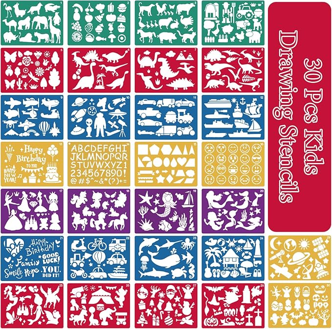 30pcs Drawing Stencils, Plastic Kids Stencils for Drawing with 450+ Shapes, Great Birthday Christmas Gift for Kids