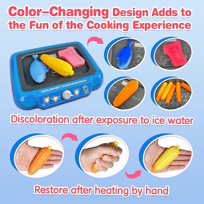 Cooking Simulator Toy with Color Changing Accessories, 20 PCS Fun Frying Kit Gourmet Cooking Box, Magic Fry Simulation Cooking Toy with Sound & Light & Bubble Grill Surface for Kids 3-8-Blue
