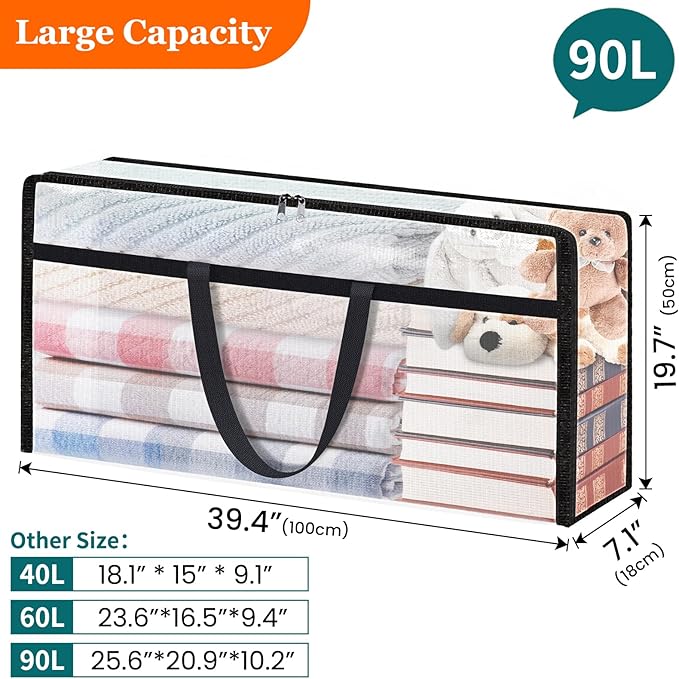 8 Pack Long Clear Storage Bags for Comforter, Clothes & Bedding, Plastic Blanket Storage with Zipper and Handle, Moving Bags, Closet Organizer and Under-Bed Storage (90L, 39.4"*7.1"*19.7")
