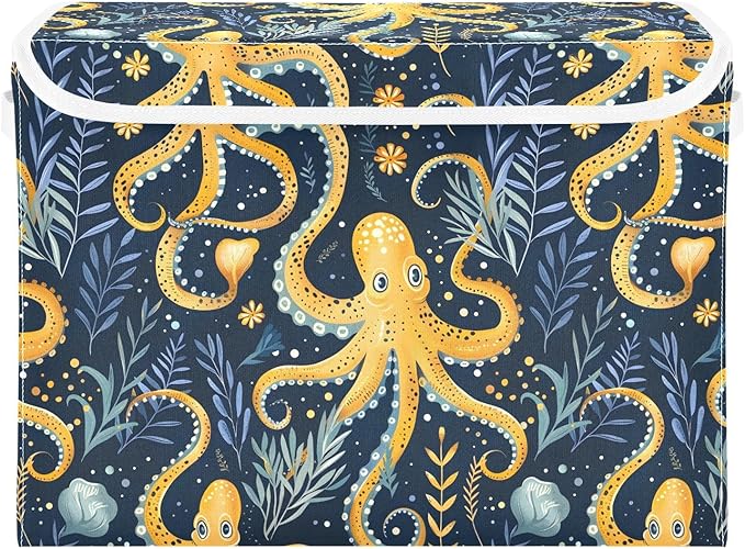 senya Large Storage Bins with Linen Collapsible Foldable Storage Cubes Fabric Closet Organizer Containers box with Flip-Top Lid for Home Bedroom Office 16.7 x 12.6 x 11.8in (Octopus and Water Grass)