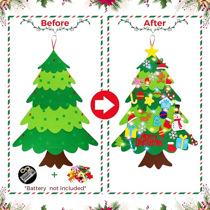 HFATMOS Felt Christmas Tree DIY Wall Hanging Xmas Tree with LED String Lights and 32 Pcs Detachable Ornaments for New Year Party Supplies Home Decor