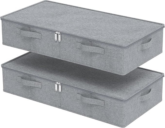 Underbed Storage Bin, Foldable Under Bed Flat Baskets Organizer, Container boxes with Lid for Organizing Clothes, Sheets, Blankets, Comforter, 31.4x15.7x5.9in, Grey, 2 Pack