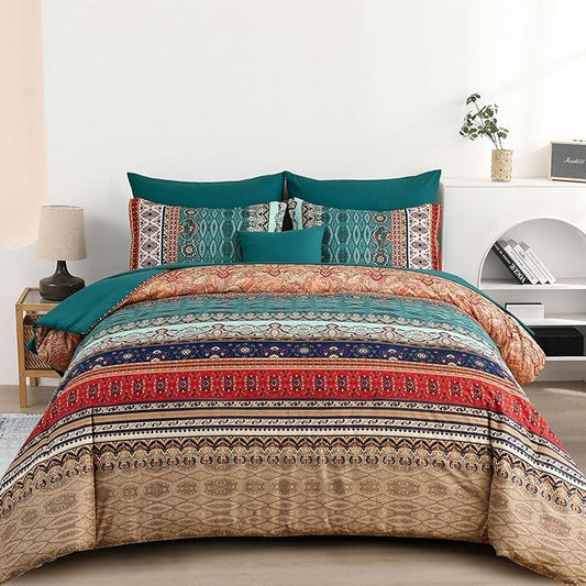 Cottolester Boho Full Size Comforter Set 8 Pieces,Green and Brown Bohemian Striped Bed in a Bag,Floral Soft Microfiber Bedding Comforter Set