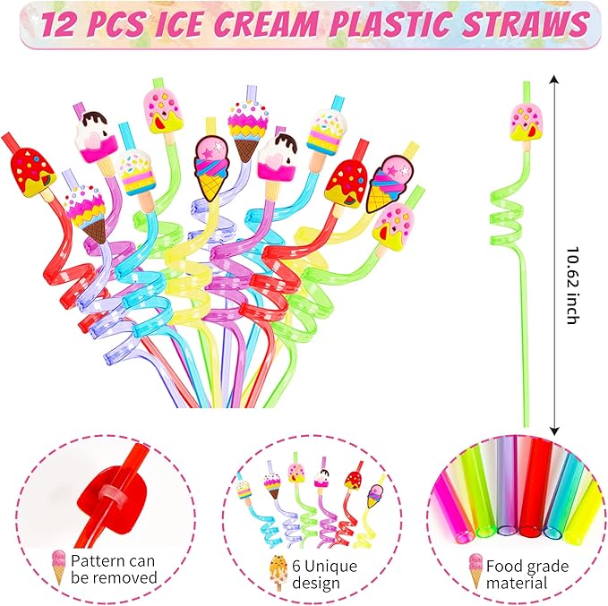 Erweicet Ice Cream Party Favors 72 PCS Ice Cream Slap Bracelets Pen DIY Stickers Straws Tattoo Stickers Gift Bags for Kids Girls Ice Cream Theme Birthday Party Gift Giving Sweet Summer Baby Shower