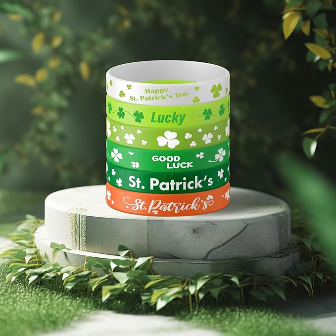 Lesnala 48 PCS St. patrick's day rubber wristband Shamrock Element Silicone Bracelet Theme Party Decoration for kids teens women men gifts holiday accessories Green