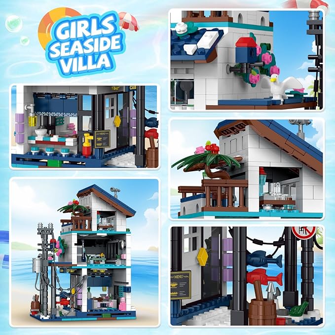 Creative 3 in 1 Vacation Beach House Building Set, Compatible with Lego Friends Seaside Villa, Girls Dream House Construction Educational Toy with Light, Birthday Gift for Kids Aged 6-12 (813 PCS)