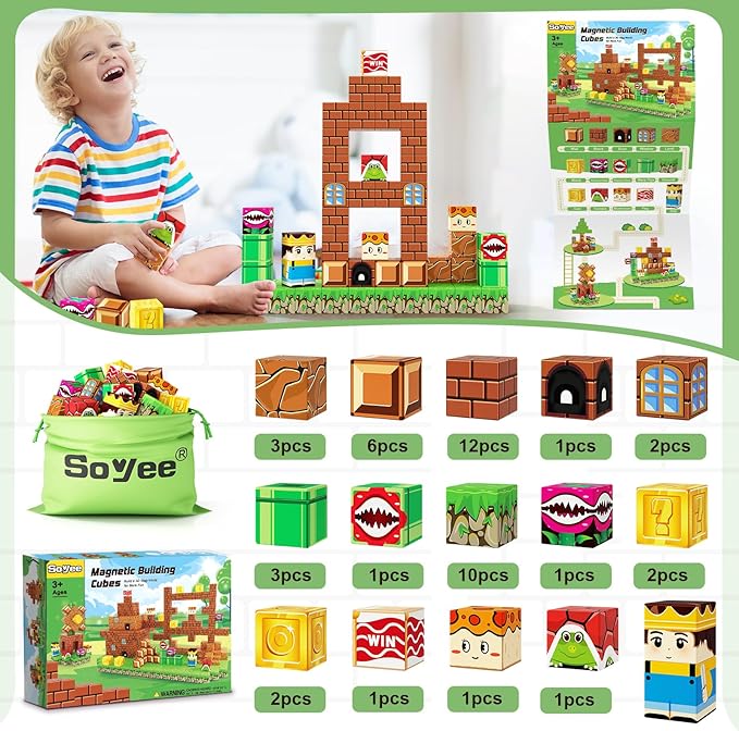 Magnetic Blocks Building Toys - Build Mine Magnet World Set Toddler Kids Sensory Toys for Boys & Girls Ages 3-5 5-7 8-12, 1'' Magnetic Cubes Game Easter Basket Stuffers for Boys