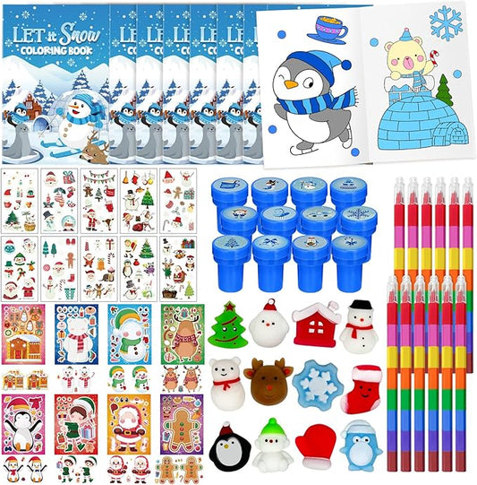 Cinrobiye 144 Pcss Merry Christmas Party Favors Max Holiday Coloring Books Tattoo DIY Sticker Stampers Class Reward Prizes for Christmas Holiday Winter Party supplies (Winter2)