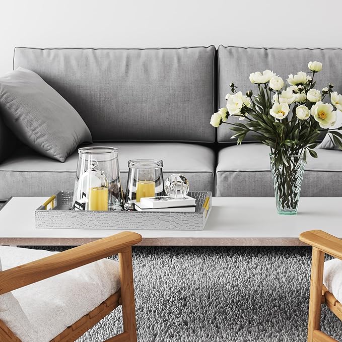 ATZYmolin 17" x 12" Wood Serving Tray with Gold Polished Metal Handles, Home Decorative Wooden Rectangle Ottoman Leather Decor Platter Bathroom Vanity Tray for All Occasions Alligator Silvery