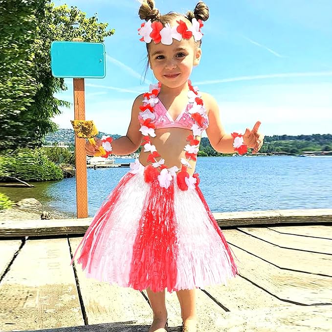 Fortuning's JDS Hawaiian Hula Grass Skirt for Girls Elastic Flower Costume Kids Outfits for Luau Tropical Beach Party Decor