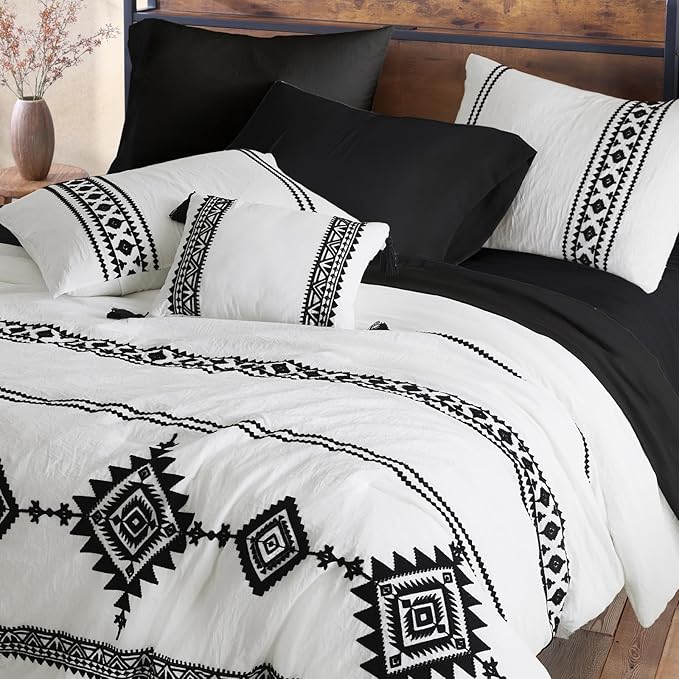 MaiRêve Embroidery Comforter Set King Size 7 Pieces, Boho Farmhouse Western Bedding All Season Bed in A Bag, White Black King Comforter Set with Sheets, Pillowcases & Shams
