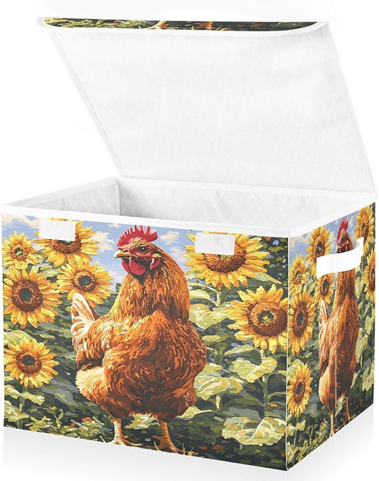 senya Large Storage Bins with Linen Collapsible Foldable Storage Cubes Fabric Closet Organizer Containers box with Flip-Top Lid for Home Bedroom Office 16.7 x 12.6 x 11.8in (Chicken Pattern)