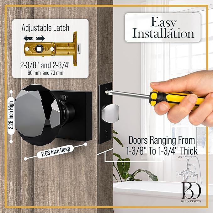 Black Crystal Door Knob with Lock, Square Base, Glass Door Knobs Interior Privacy Set, Vintage Decorative Antique Style Handle for Bedroom, Bathroom, Closet, 1 Pack