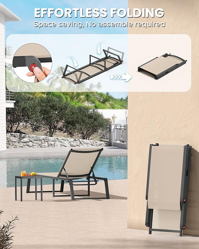 Aluminum Chaise Lounge Outdoor Set of 2, Foldable & Assembly Free Patio Pool Lounge Chairs 5-Position Recliner for Outside Poolside, Fully Grounded Legs Sun Lounger for Beach, Yard, Khaki