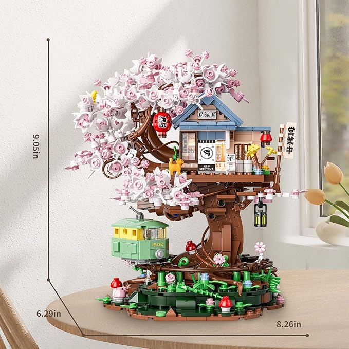 Cherry Blossom Treehouse Building Set for Girls 8-12, Compatible with Lego Friends, Flowers House Japanese Izakaya Shop Architecture Building Blocks Toy with Light for Adults, Gift for Kids (1098 PCS)