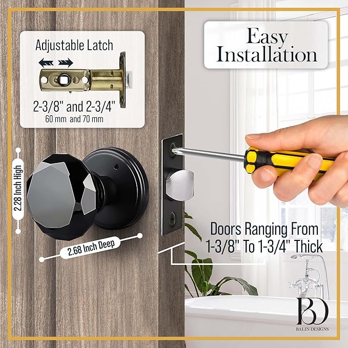 Black Crystal Door Knob, Glass Door Knobs Interior Non-Locking Set, Antique Decorative Vintage Style for Hallway, Closet, Passage Doors, 1 Pack