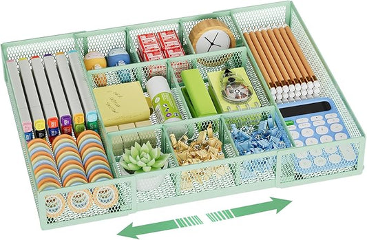 Marbrasse Expandable Desk Drawer Organizer, Mesh Drawer Organizer Tray with 10 Adjustable Compartments, Desk Organizers and Accessories for Office Supplies, Makeup & Vanity (Expandable-Green)