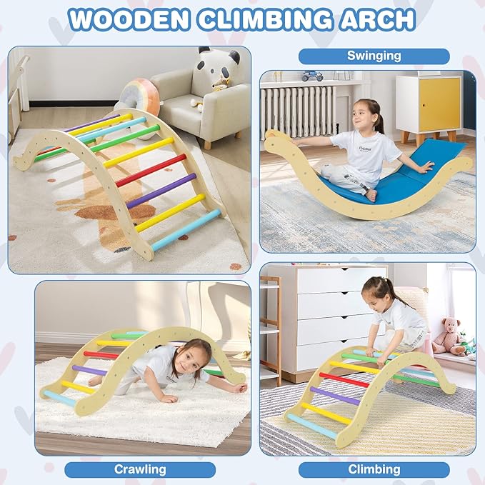 HONEY JOY Wooden Ladder Arch for Climbing, 3 in 1 Kids Climber Ladder & Rocker Board w/Cushion Pad, Toddler Climbing Toy Set for Playground, Gym & Daycare, Gift for Boys Girls(Colorful)