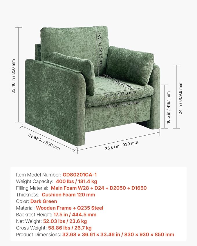 VEVOR Oversized Accent Chair, Armchair with Padded Arms, Comfy Single Sofa Chair, Modern Reading Lounge Chairs for Living Room, Bedroom, Green