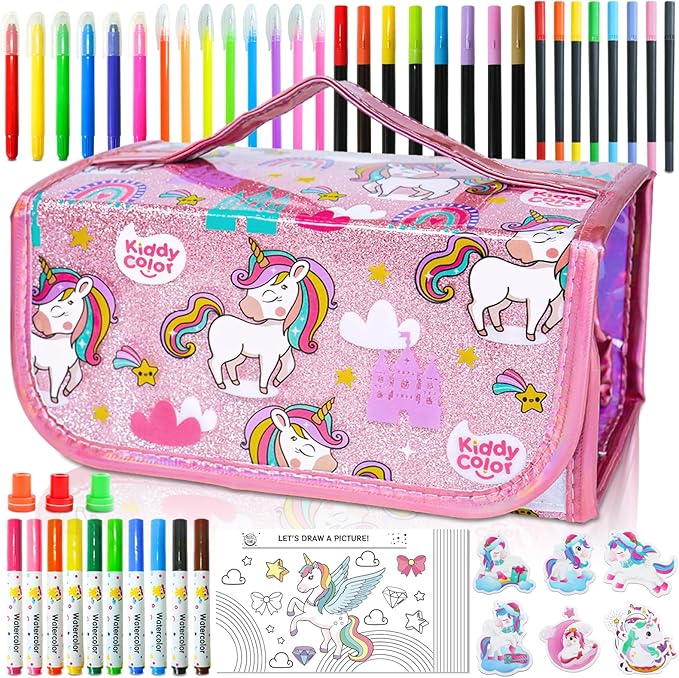 KIDDYCOLOR Unicorn Washable Markers Set 69 pcs with Glitter Pencil Case - Arts and Crafts Coloring Kit for Kids Ages 4-8, Includes Unicorn Stickers - Perfect Gifts for Girls