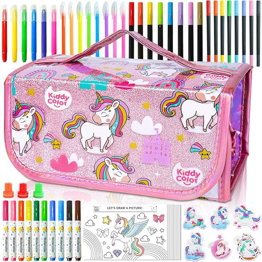 KIDDYCOLOR Unicorn Washable Markers Set 69 pcs with Glitter Pencil Case - Arts and Crafts Coloring Kit for Kids Ages 4-8, Includes Unicorn Stickers - Perfect Gifts for Girls