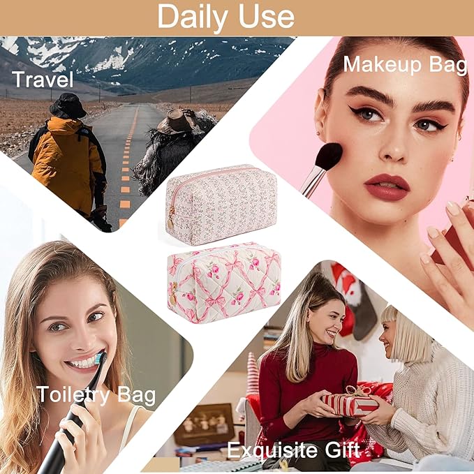HHQQWZ Makeup Bag Travel Cosmetic Bag for Women Girls, Zipper Make Up Pouch, Floral Flowers Toiletry Organizer Makeup, Portable Storage Bag, Cosmetic Travel Cloth Bag (Pink+Pink Bowknot)