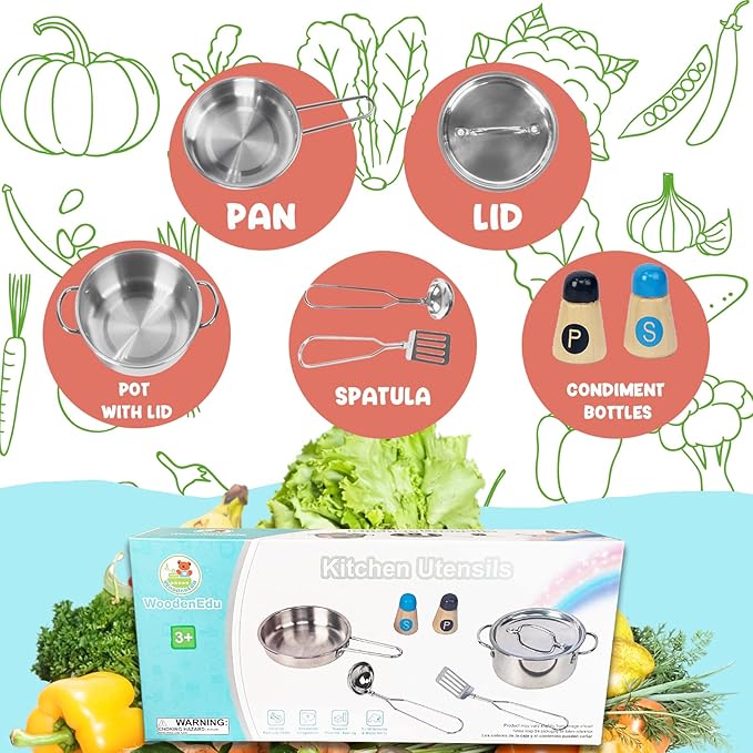 Kids Play Kitchen Toys, Stainless Steel Kitchen Utensils, Pretend Play Kitchen Accessories, Montessori Learning Toy for Toddlers 1-3