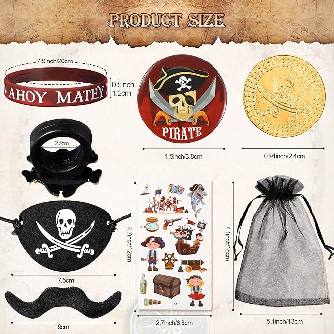 144 Pcs Pirate Party Favors Supplies Include Pirate Bracelet Nautical Tattoo Button Pin Eye Patch Gold Coin Gem Ring Mustache Organza Bag for Kids Boy Pirate Birthday Party Goodie Bag Fillers