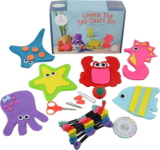Kid Craft Felt Kit - 6 Cute Sea Animals Beginners Sewing Kits - Little Kids Ages 7 to 12 - Easy Childrens First Sew Kit - Great for Travel - Fun Beginning DIY Crafting for Girls and Boys