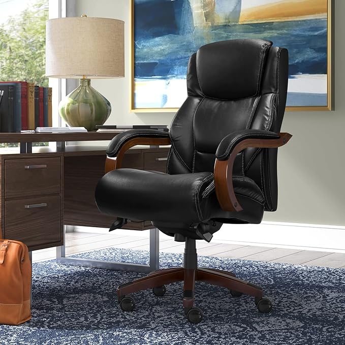 La-Z-Boy Delano Big & Tall Executive Office Chair, High Back Ergonomic Lumbar Support, Bonded Leather, Black with Mahogany Wood Finish
