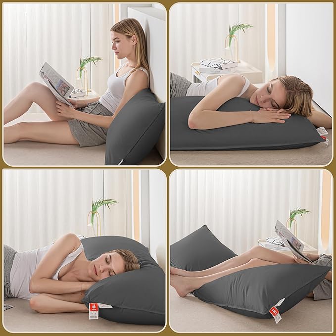 Goose Down Body Pillows for Adults, Large Body Pillow for Side Sleeper, Hugging Feather Body Pillow Insert, Cooling Full Length Long Pillow for Bed with 100% Organic Cotton Shell, (Dark Grey 20"x60")
