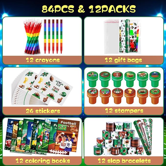BenLouis 84Pcs Football Party Favors Sports Football Theme Birthday Party Favors Coloring Books Bulk for Kids Super Football Bowl Party Team Gift Goodie Bag Fillers Classroom games Rewards Supplies