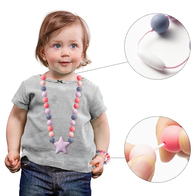 Sensory Necklace Bracelet for Baby - 2Pcs Cute Silicone Teething Jewelry for Kids, Sensory Jewelry Toys Baby Shower Gifts for Kids Infants Baby Boy Girl