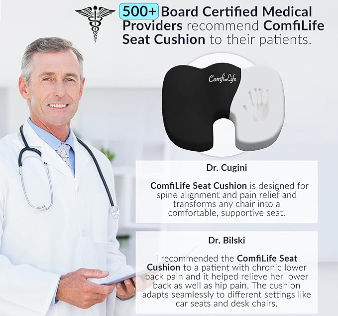 ComfiLife Premium Comfort Seat Cushion - Non-Slip Orthopedic 100% Memory Foam Coccyx Cushion for Tailbone Pain - Cushion for Office Chair Car Seat - Back Pain & Sciatica Relief (Black)