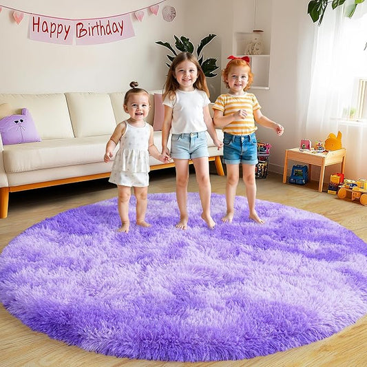 Xexsin Round Fluffy Rugs 6Ft for Girls Bedroom, Tie-Dyed Purple Shag Circle Kids Rug Non-Slip for Bedside Dorm Nursery Playroom, Soft Cute Area Rugs for Living Room Decor