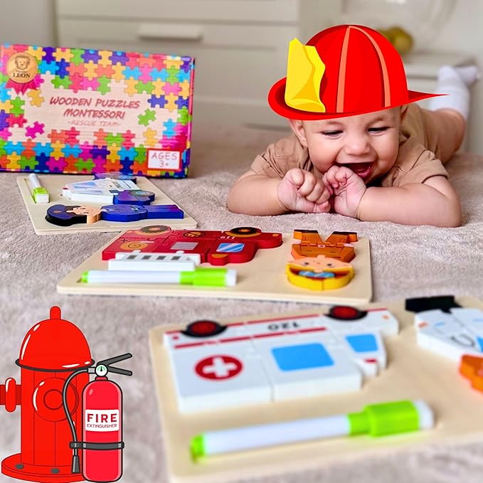 MASTER LEON - Wooden Toddler Puzzles 3-5 - Montessori Wooden Jigsaw Puzzle - Learning Educational Toy - Toddler Puzzle Vehicle Ages 3-4-5 Year Old - 3 Pack