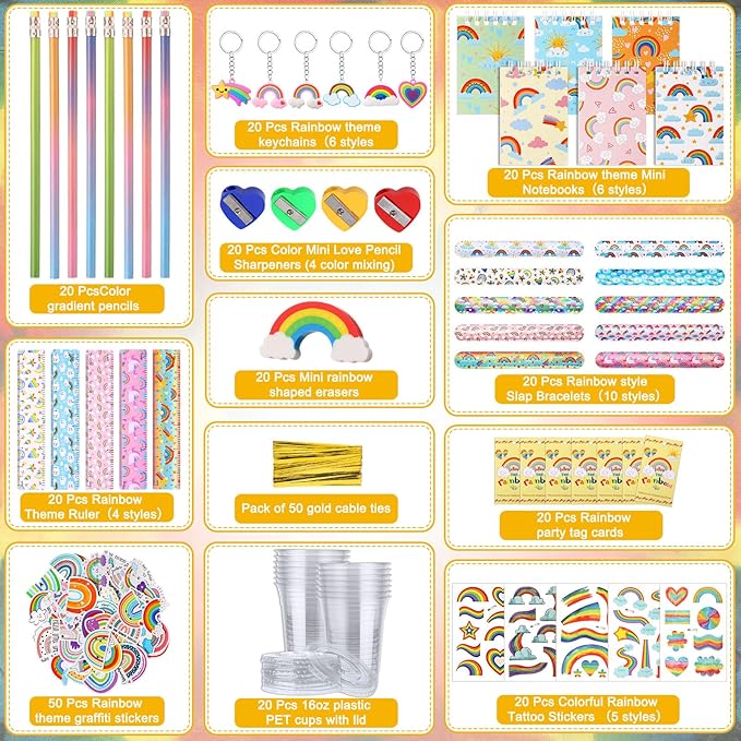 251 Pcs Party Favors Set Includes Drink Gift Cup Mini Notebooks Pencils Heart Eraser Pencil Sharpener Slap Bracelets Ruler Tattoo Stickers Cards Keychain School Stationery Set(Rainbow)