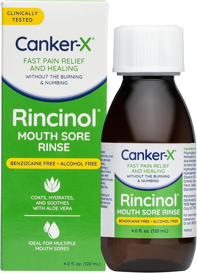 Canker-X Rincinol Oral Rinse Mouthwash, Quick Pain Relief from Canker Sores, Mouth Burns & More, Benzocaine Free & Alcohol Free Mouthwash, Adults & Kids 6+ Years, 4.0 Fl. Oz.