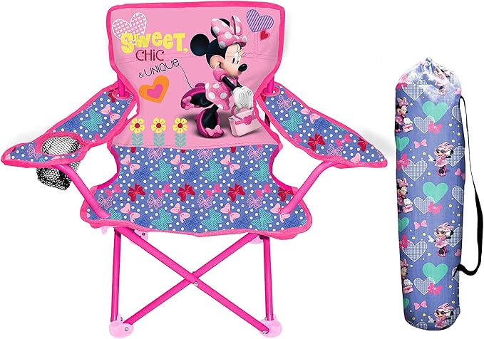 JAKKS Pacific Minnie Camp Chair for Kids, Portable Camping Fold N Go Chair with Carry Bag, Minnie - Bows